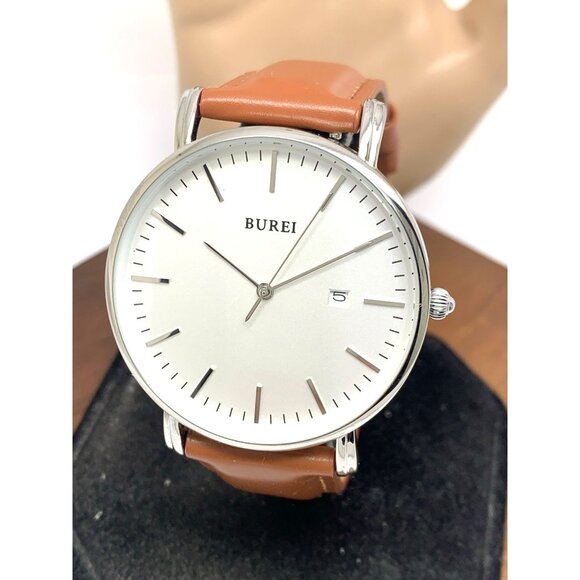 Burei Men's Watch S-19003M Quartz Silver Dial Brown Leather Strap 41mm - Picture 1 of 13
